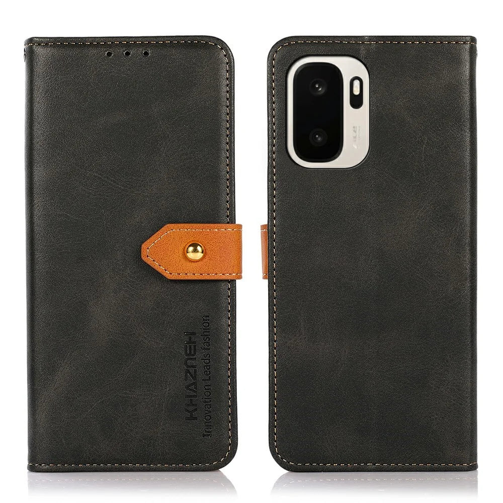 KHAZNEH For OnePlus Ace 6 Ultra 5G Wallet Case Gold Magnetic Clasp Cowhide Texture Leather Flip Stand Phone Cover - Black - 1