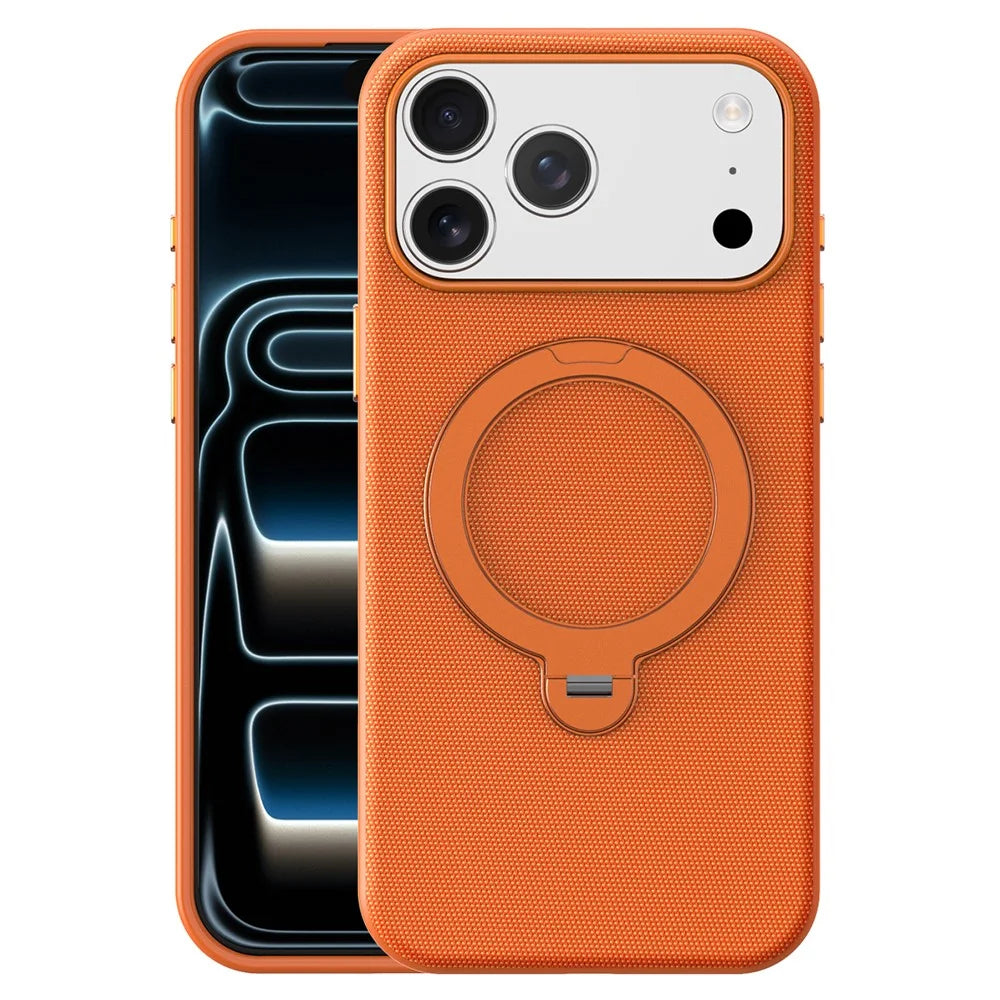 For iPhone 17 Pro Max Case Magnetic Rotating Kickstand Tech Fabric TPU Protective Cover - Orange - 1