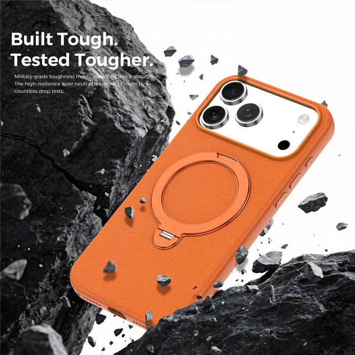 For iPhone 17 Pro Max Case Magnetic Rotating Kickstand Tech Fabric TPU Protective Cover - Orange - 2
