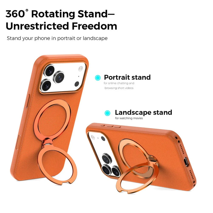 For iPhone 17 Pro Max Case Magnetic Rotating Kickstand Tech Fabric TPU Protective Cover - Orange - 3