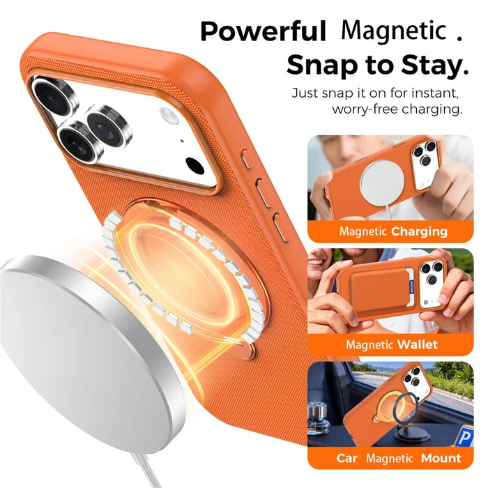 For iPhone 17 Pro Max Case Magnetic Rotating Kickstand Tech Fabric TPU Protective Cover - Orange - 4