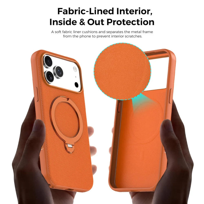 For iPhone 17 Pro Max Case Magnetic Rotating Kickstand Tech Fabric TPU Protective Cover - Orange - 5