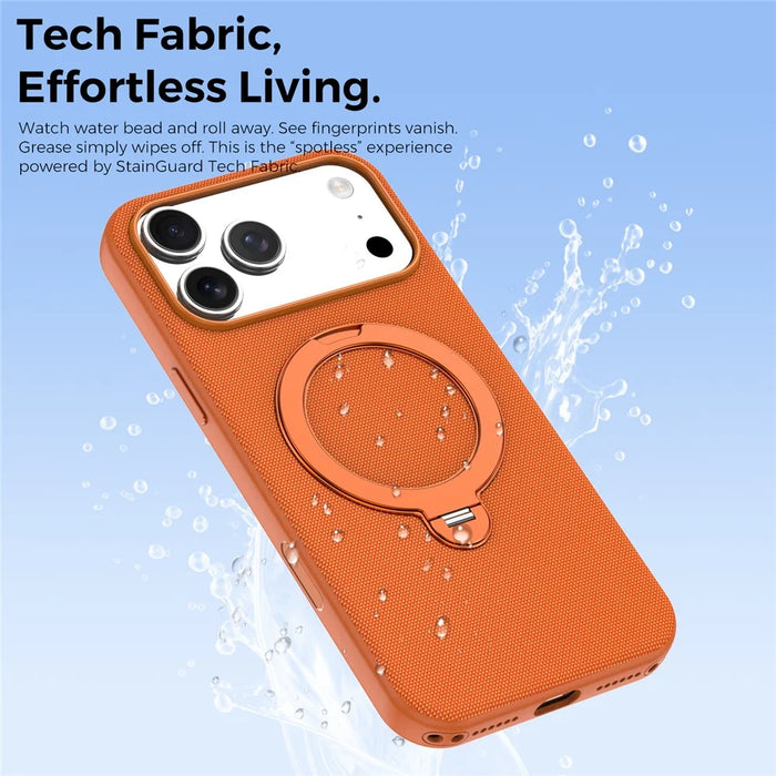 For iPhone 17 Pro Max Case Magnetic Rotating Kickstand Tech Fabric TPU Protective Cover - Orange - 6