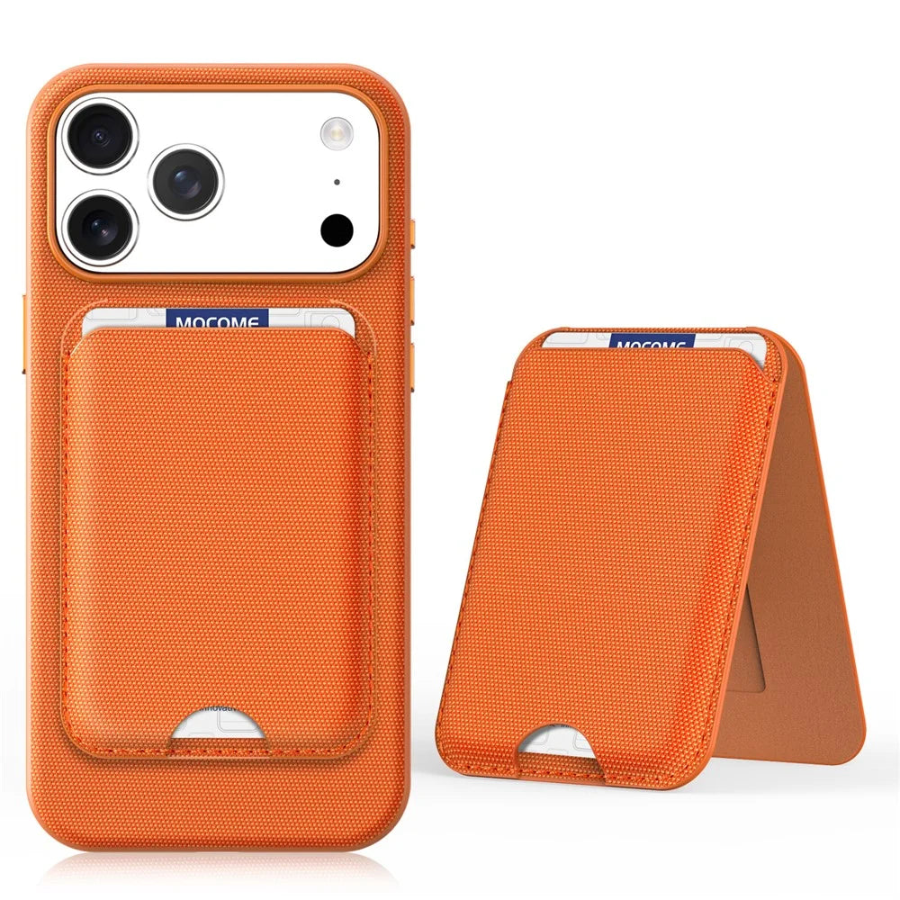 For iPhone 17 Pro Max Magnetic Case Tech Fabric + TPU Card Holder Kickstand Phone Cover - Orange - 1