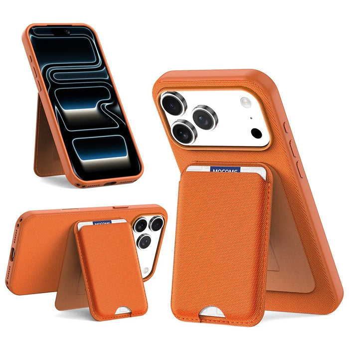 For iPhone 17 Pro Max Magnetic Case Tech Fabric + TPU Card Holder Kickstand Phone Cover - Orange - 2