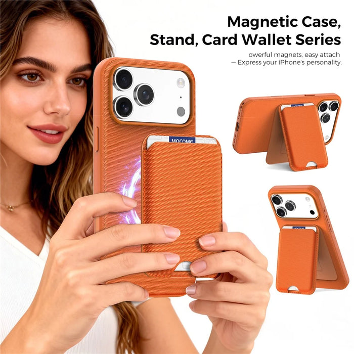 For iPhone 17 Pro Max Magnetic Case Tech Fabric + TPU Card Holder Kickstand Phone Cover - Orange - 3
