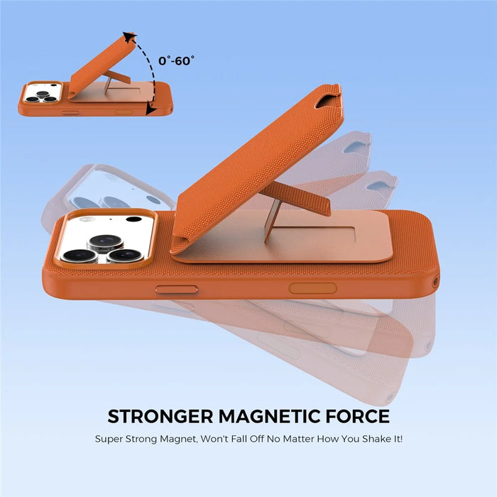 For iPhone 17 Pro Max Magnetic Case Tech Fabric + TPU Card Holder Kickstand Phone Cover - Orange - 5