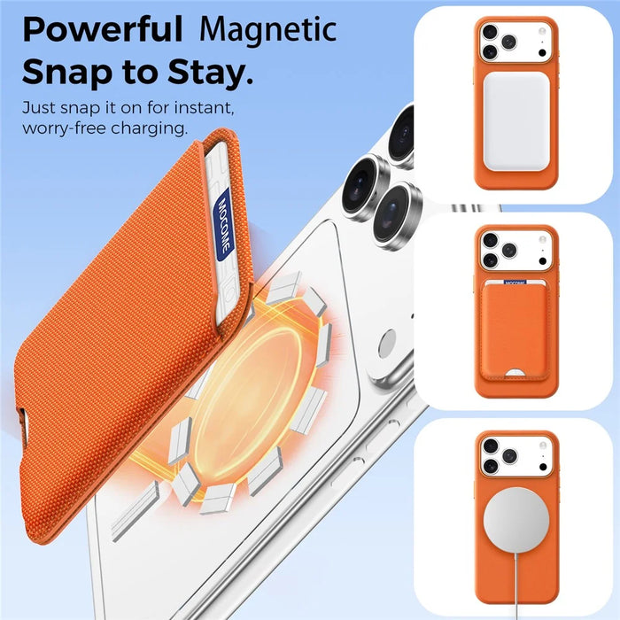 For iPhone 17 Pro Max Magnetic Case Tech Fabric + TPU Card Holder Kickstand Phone Cover - Orange - 6