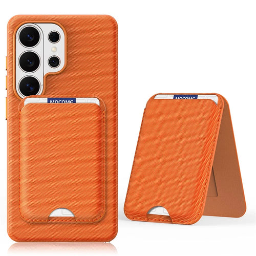 For Samsung Galaxy S26 Ultra Magnetic Case Tech Fabric + TPU Card Holder Kickstand Phone Cover - Orange - 1