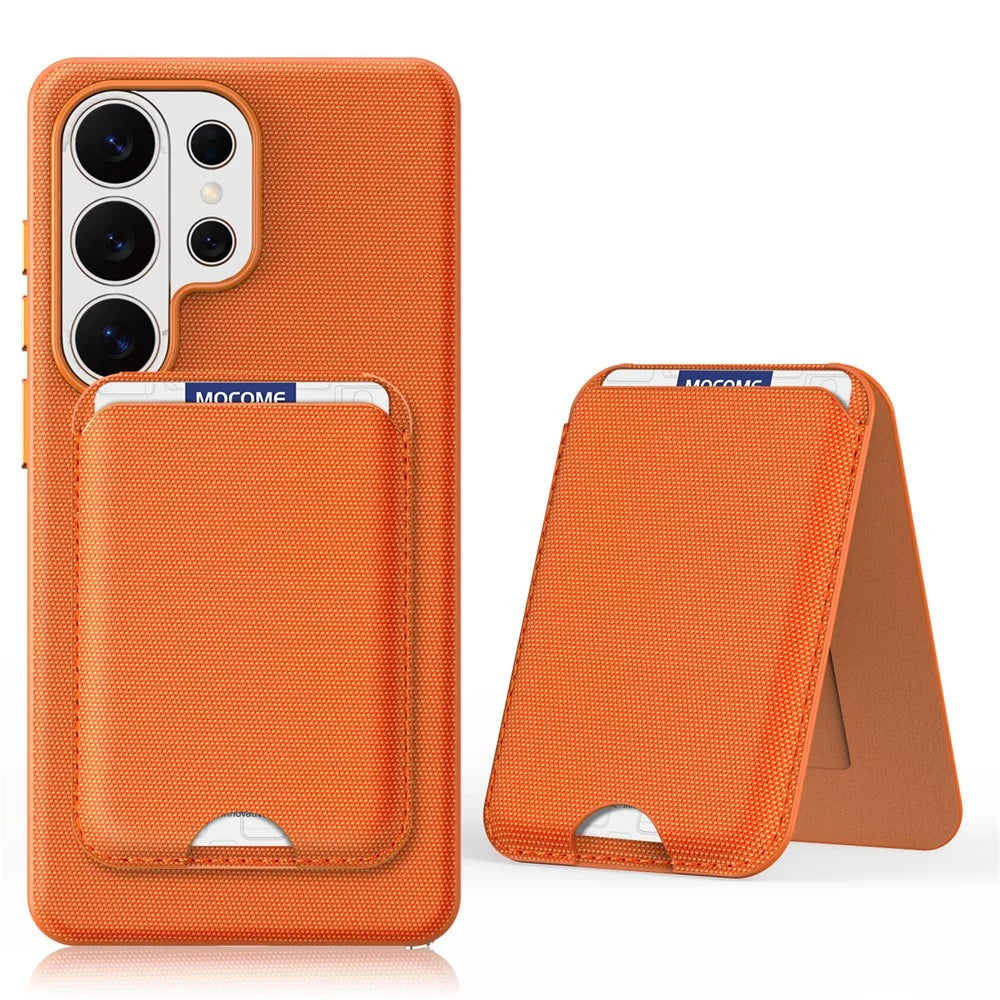 For Samsung Galaxy S26 Ultra Magnetic Case Tech Fabric + TPU Card Holder Kickstand Phone Cover - Orange - 1