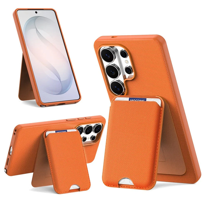 For Samsung Galaxy S26 Ultra Magnetic Case Tech Fabric + TPU Card Holder Kickstand Phone Cover - Orange - 2