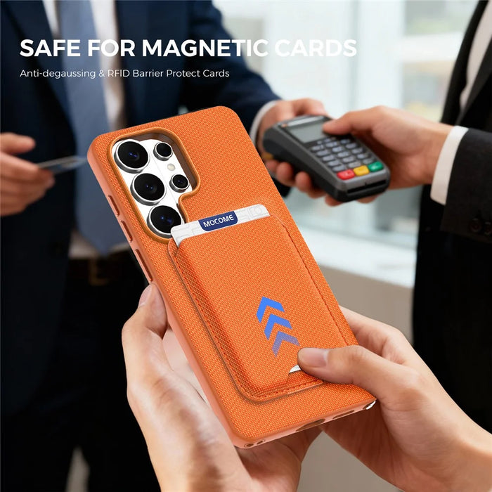 For Samsung Galaxy S26 Ultra Magnetic Case Tech Fabric + TPU Card Holder Kickstand Phone Cover - Orange - 4