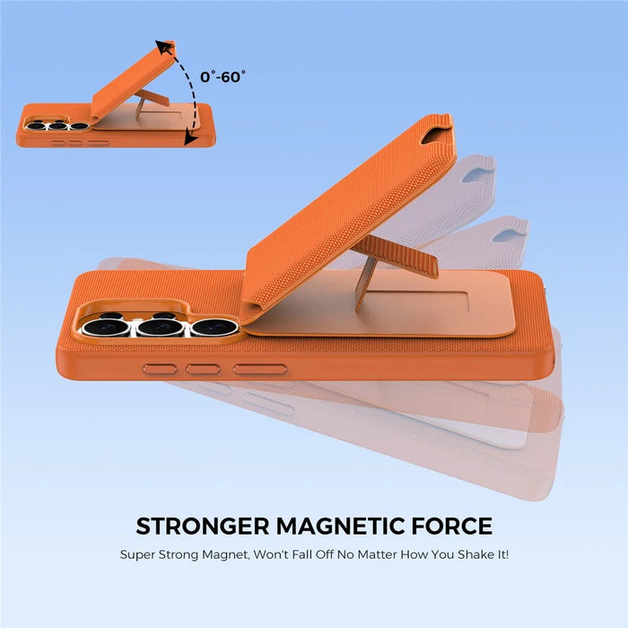 For Samsung Galaxy S26 Ultra Magnetic Case Tech Fabric + TPU Card Holder Kickstand Phone Cover - Orange - 5