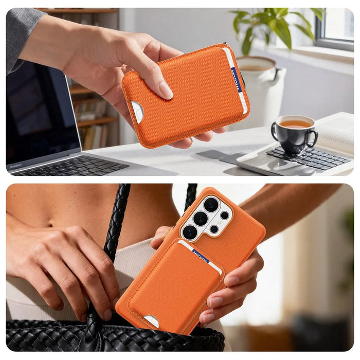 For Samsung Galaxy S26 Ultra Magnetic Case Tech Fabric + TPU Card Holder Kickstand Phone Cover - Orange - 7