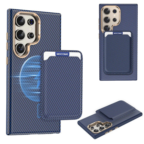 For Samsung Galaxy S24 Ultra Magnetic Case Carbon Fiber Texture Leather Back Phone Cover with Detachable Card Holder - Sapphire - 1