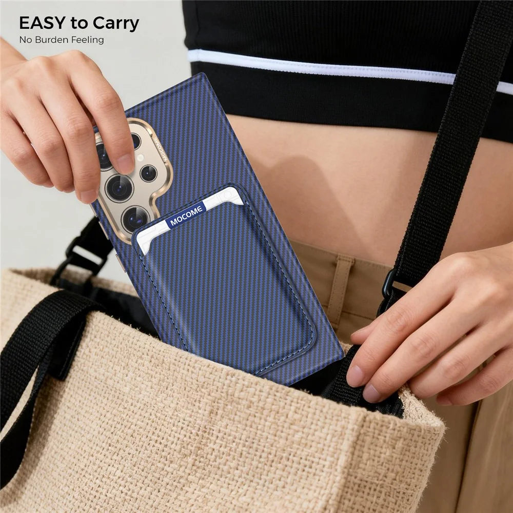 For Samsung Galaxy S24 Ultra Magnetic Case Carbon Fiber Texture Leather Back Phone Cover with Detachable Card Holder - Sapphire - 3