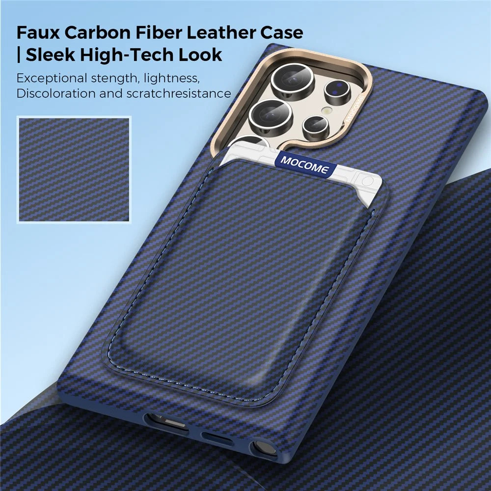 For Samsung Galaxy S24 Ultra Magnetic Case Carbon Fiber Texture Leather Back Phone Cover with Detachable Card Holder - Sapphire - 4