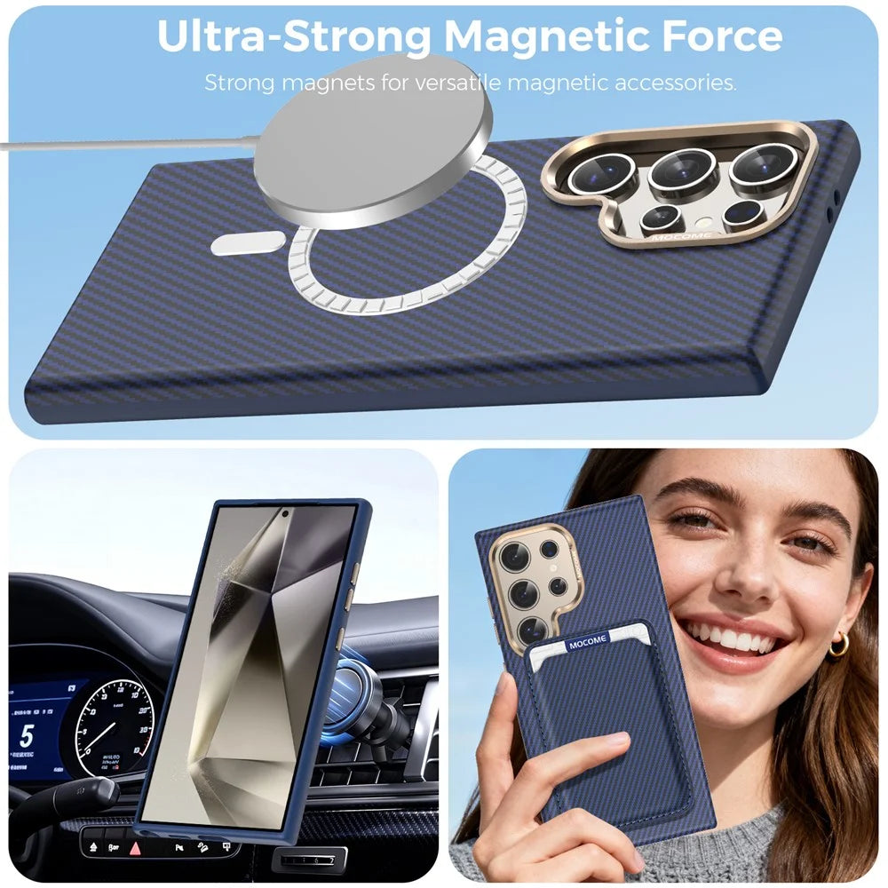 For Samsung Galaxy S24 Ultra Magnetic Case Carbon Fiber Texture Leather Back Phone Cover with Detachable Card Holder - Sapphire - 5