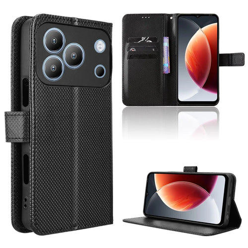For Blackview Wave 7C Leather Wallet Case with Strap Diamond Texture Phone Cover - Black - 1