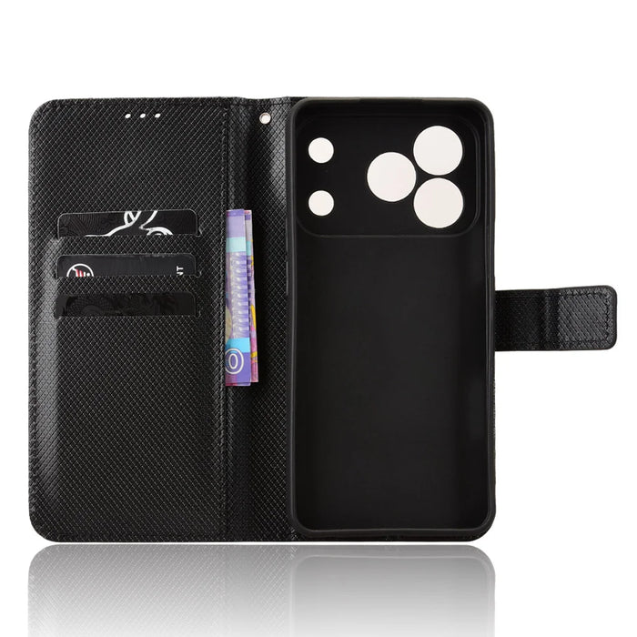 For Blackview Wave 7C Leather Wallet Case with Strap Diamond Texture Phone Cover - Black - 5