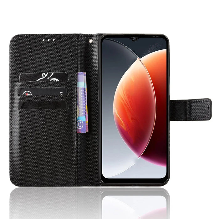 For Blackview Wave 7C Leather Wallet Case with Strap Diamond Texture Phone Cover - Black - 6