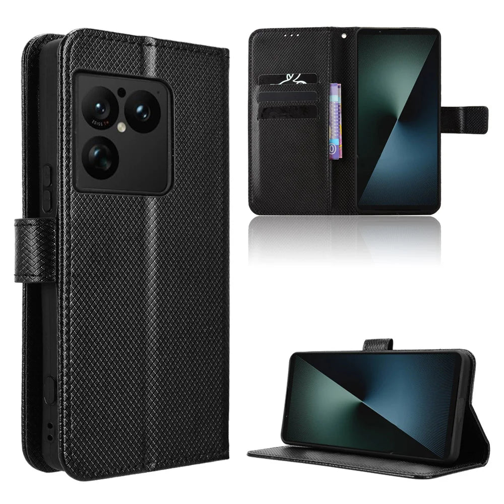 For Sony Xperia 1 VIII Leather Wallet Case with Strap Diamond Texture Phone Cover - Black - 1
