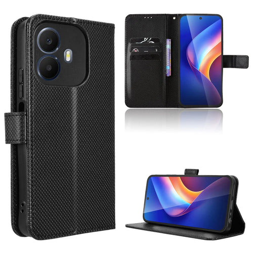 For TCL K70 4G / TCL K70 Power 4G Leather Wallet Case with Strap Diamond Texture Phone Cover - Black - 1