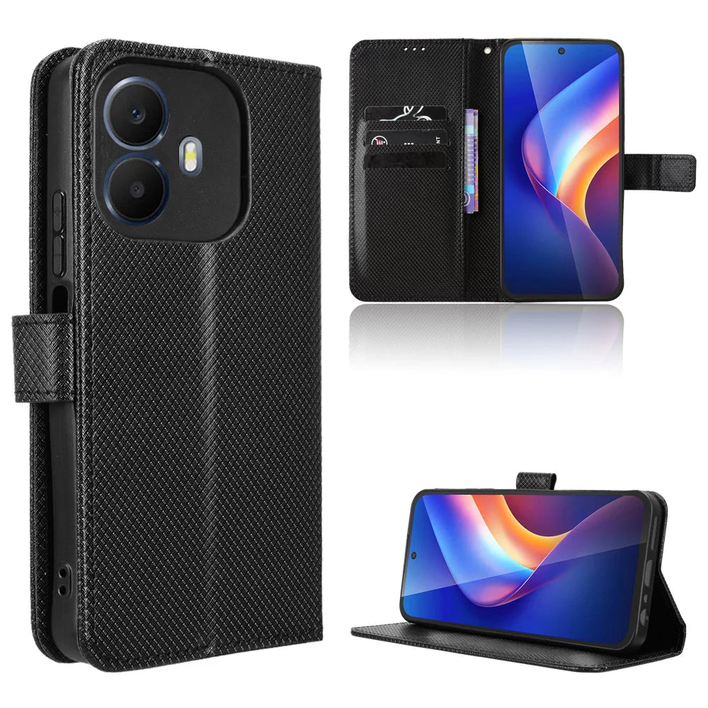 For TCL K70 4G / TCL K70 Power 4G Leather Wallet Case with Strap Diamond Texture Phone Cover - Black - 1