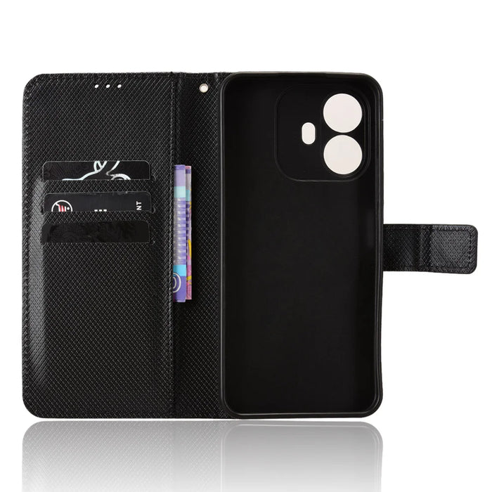 For TCL K70 4G / TCL K70 Power 4G Leather Wallet Case with Strap Diamond Texture Phone Cover - Black - 5