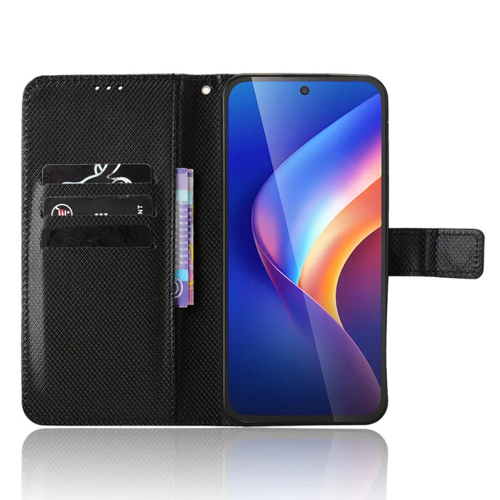 For TCL K70 4G / TCL K70 Power 4G Leather Wallet Case with Strap Diamond Texture Phone Cover - Black - 6