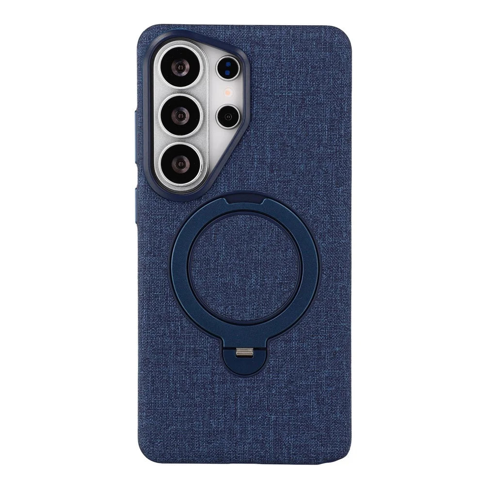 JAUCASE For Samsung Galaxy S26 Ultra Magnetic Case Linen Texture Rotary Ring Kickstand PC + TPU Phone Cover - Blue - 1