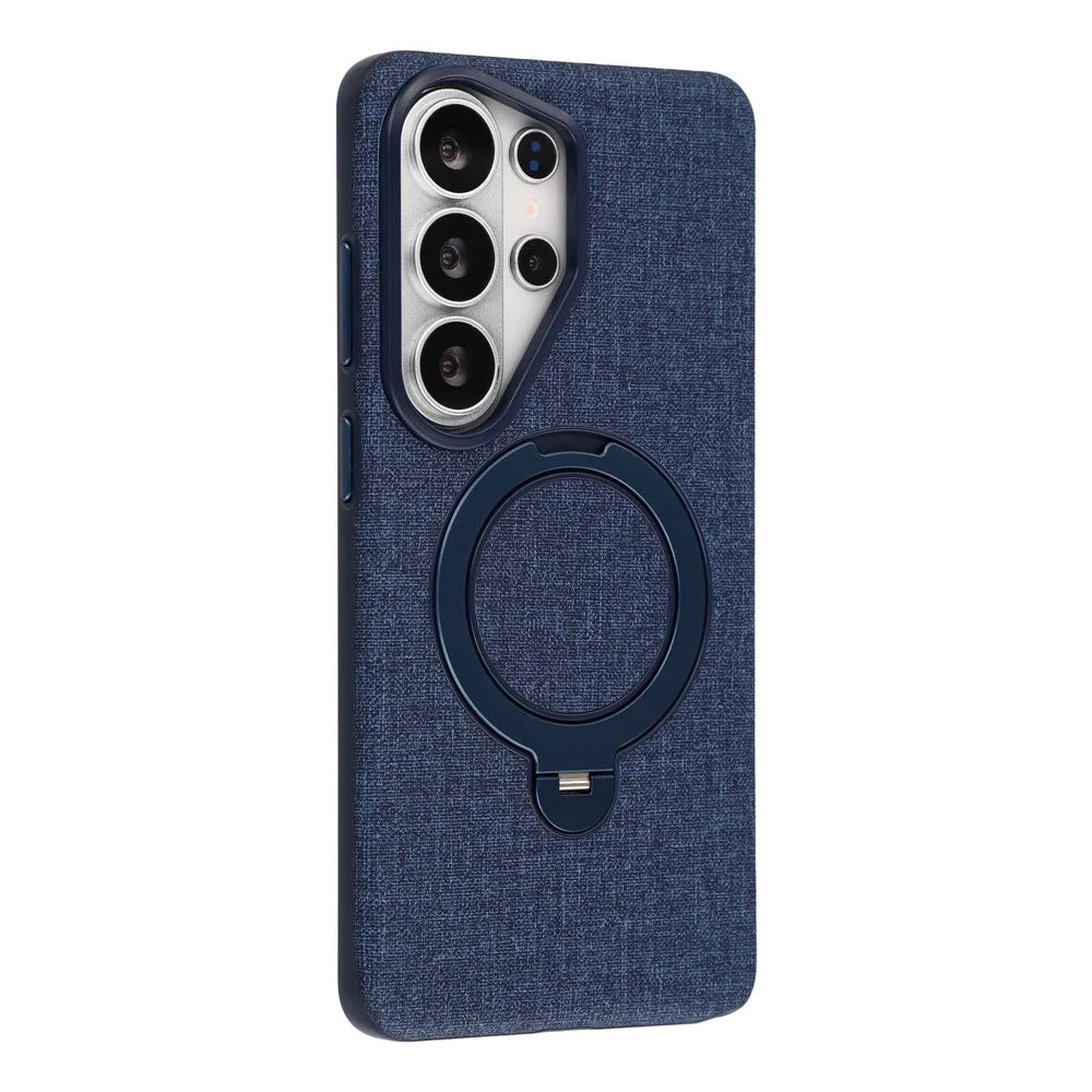 JAUCASE For Samsung Galaxy S26 Ultra Magnetic Case Linen Texture Rotary Ring Kickstand PC + TPU Phone Cover - Blue - 3