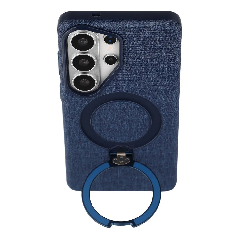 JAUCASE For Samsung Galaxy S26 Ultra Magnetic Case Linen Texture Rotary Ring Kickstand PC + TPU Phone Cover - Blue - 4