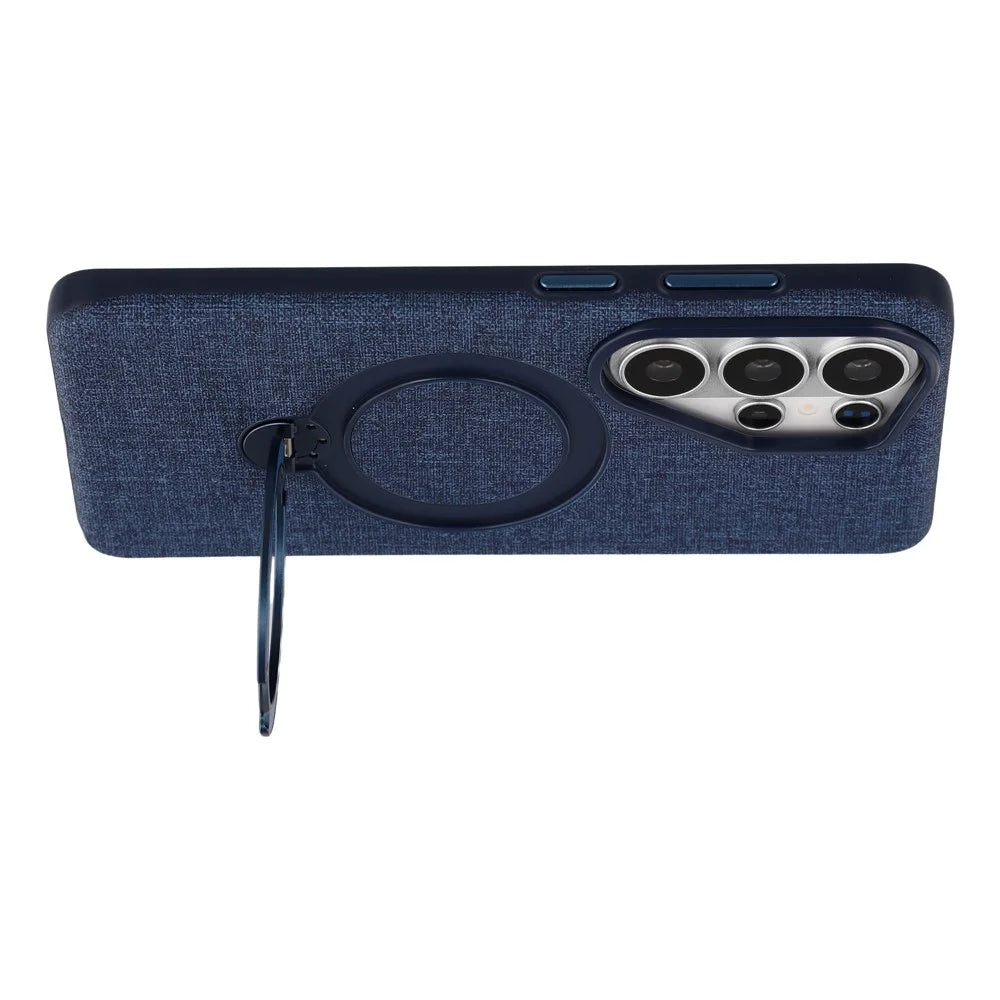 JAUCASE For Samsung Galaxy S26 Ultra Magnetic Case Linen Texture Rotary Ring Kickstand PC + TPU Phone Cover - Blue - 5