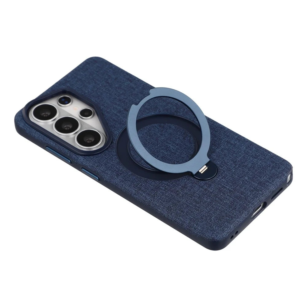 JAUCASE For Samsung Galaxy S26 Ultra Magnetic Case Linen Texture Rotary Ring Kickstand PC + TPU Phone Cover - Blue - 6