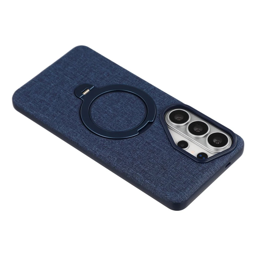 JAUCASE For Samsung Galaxy S26 Ultra Magnetic Case Linen Texture Rotary Ring Kickstand PC + TPU Phone Cover - Blue - 7