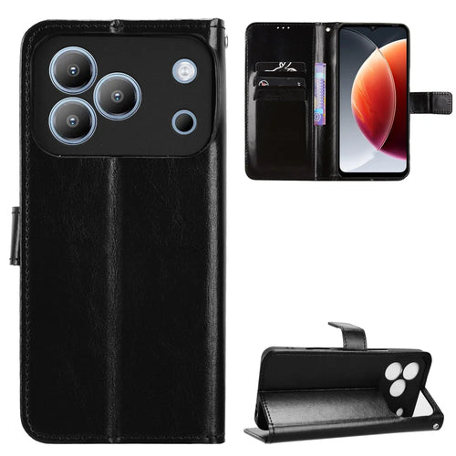 For Blackview Wave 7C PU Leather Case with Strap Crazy Horse Texture Phone Wallet Cover - Black - 1