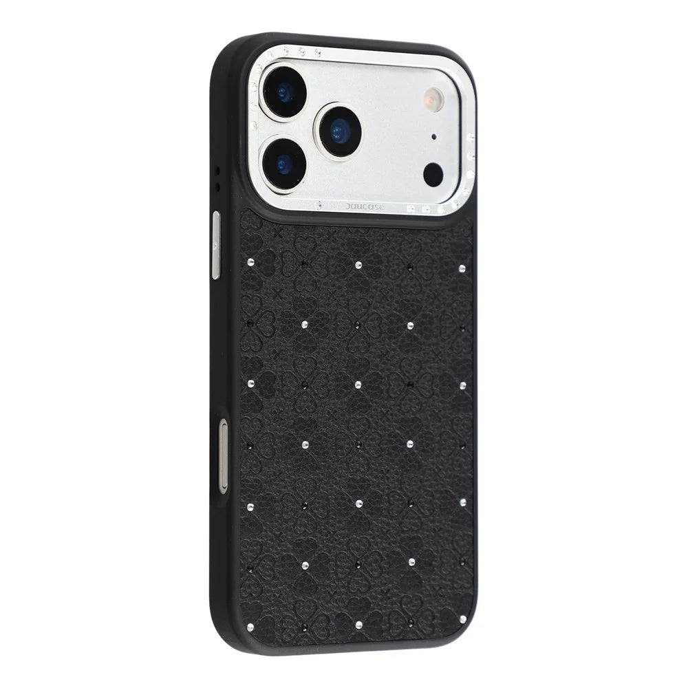 JAUCASE For iPhone 17 Pro Magnetic Case Rhinestone Bling Four Leaf Clover Pattern Phone Cover - Black - 1