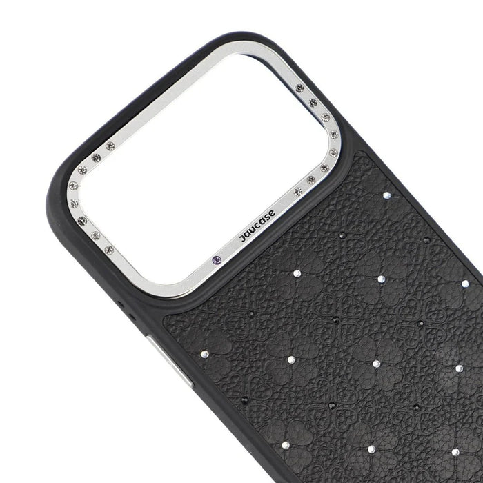 JAUCASE For iPhone 17 Pro Magnetic Case Rhinestone Bling Four Leaf Clover Pattern Phone Cover - Black - 7