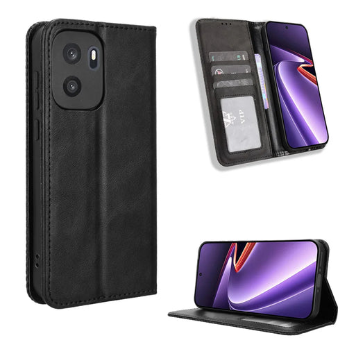 For OnePlus Ace 6 Ultra 5G Leather Case Wallet Stand Retro Texture Phone Cover - Black - 1