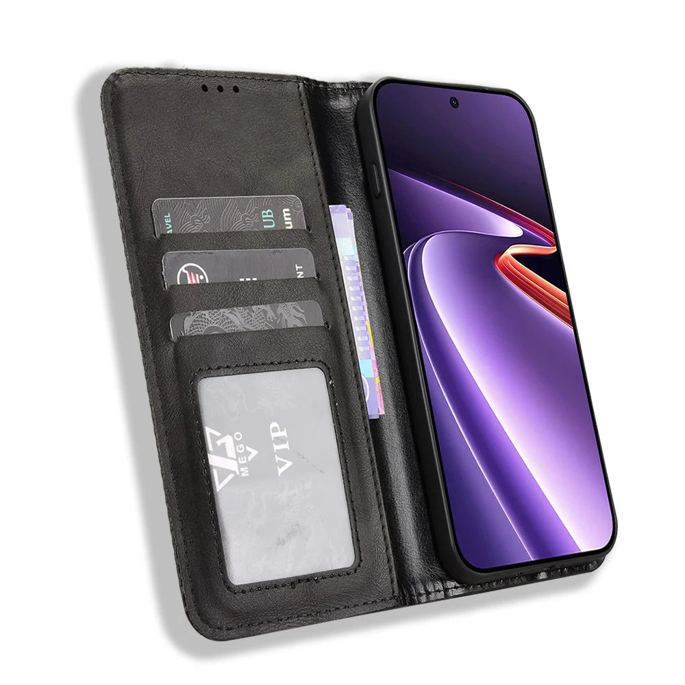 For OnePlus Ace 6 Ultra 5G Leather Case Wallet Stand Retro Texture Phone Cover - Black - 6