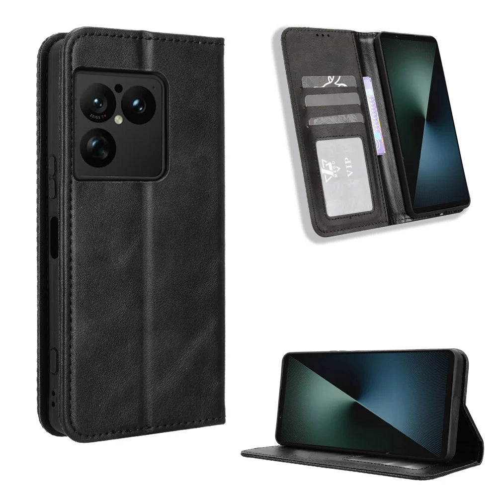 For Sony Xperia 1 VIII Leather Case Wallet Stand Retro Texture Phone Cover - Black - 1