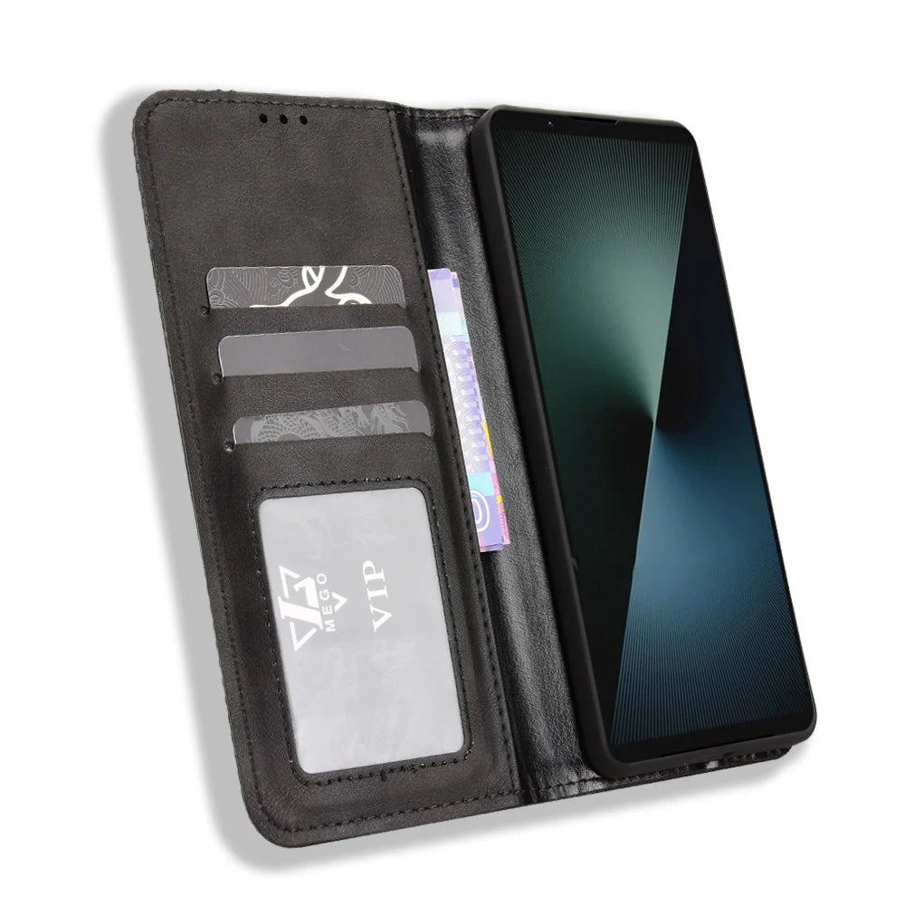 For Sony Xperia 1 VIII Leather Case Wallet Stand Retro Texture Phone Cover - Black - 6