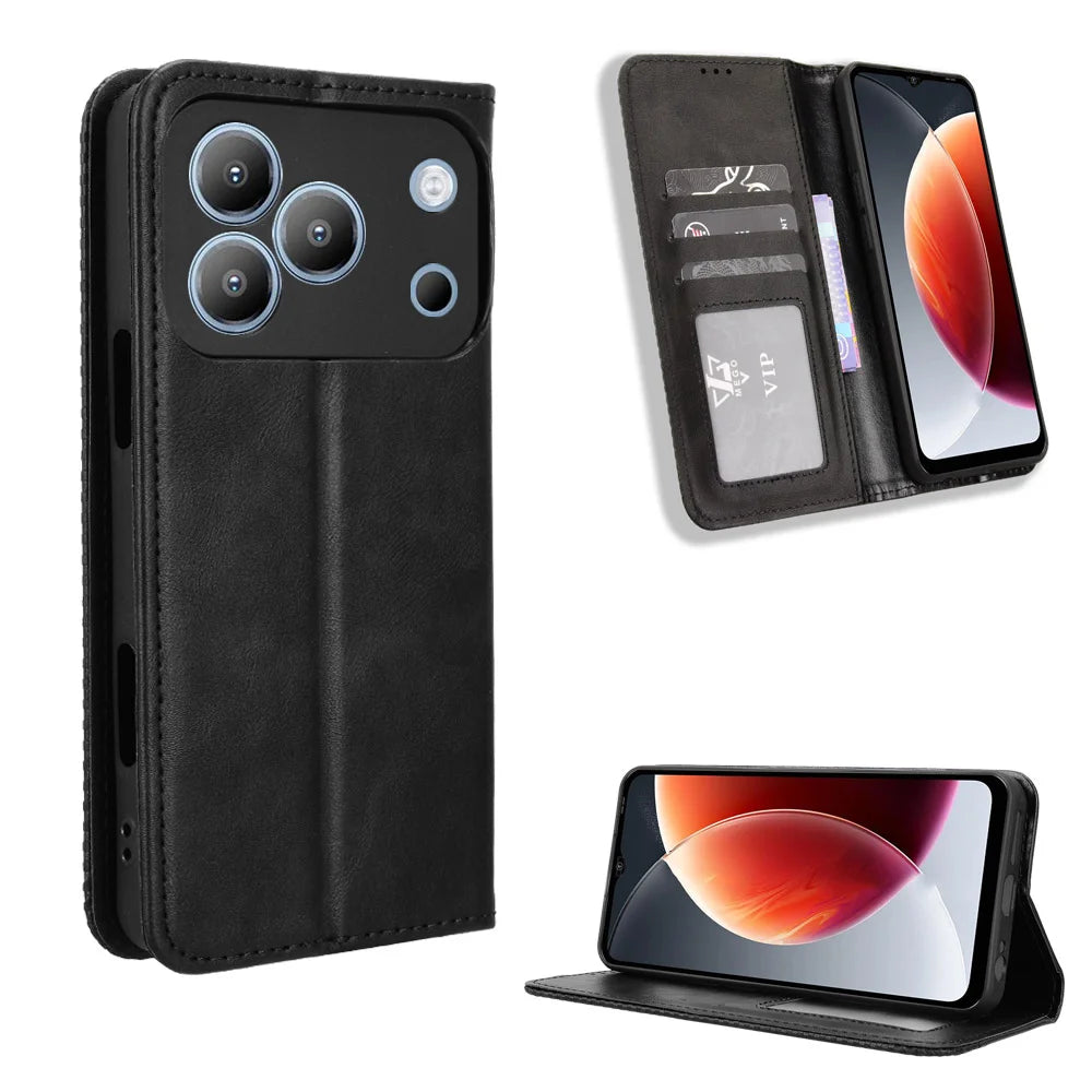 For Blackview Wave 7C Leather Case Wallet Stand Retro Texture Phone Cover - Black - 1