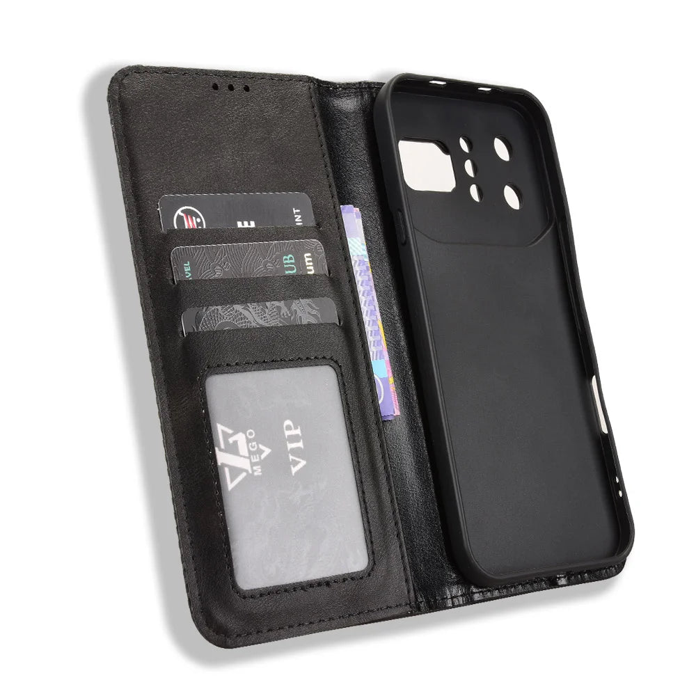 For Infinix Note 60 Ultra 5G Leather Case Wallet Stand Retro Texture Phone Cover - Black - 5