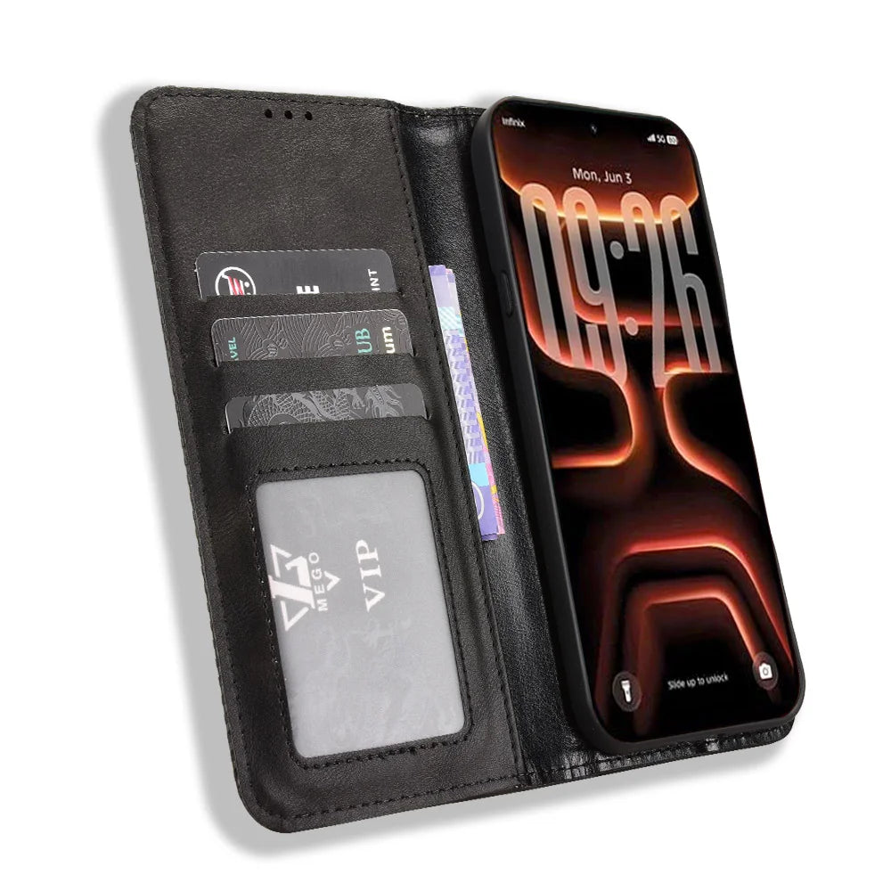 For Infinix Note 60 Ultra 5G Leather Case Wallet Stand Retro Texture Phone Cover - Black - 6