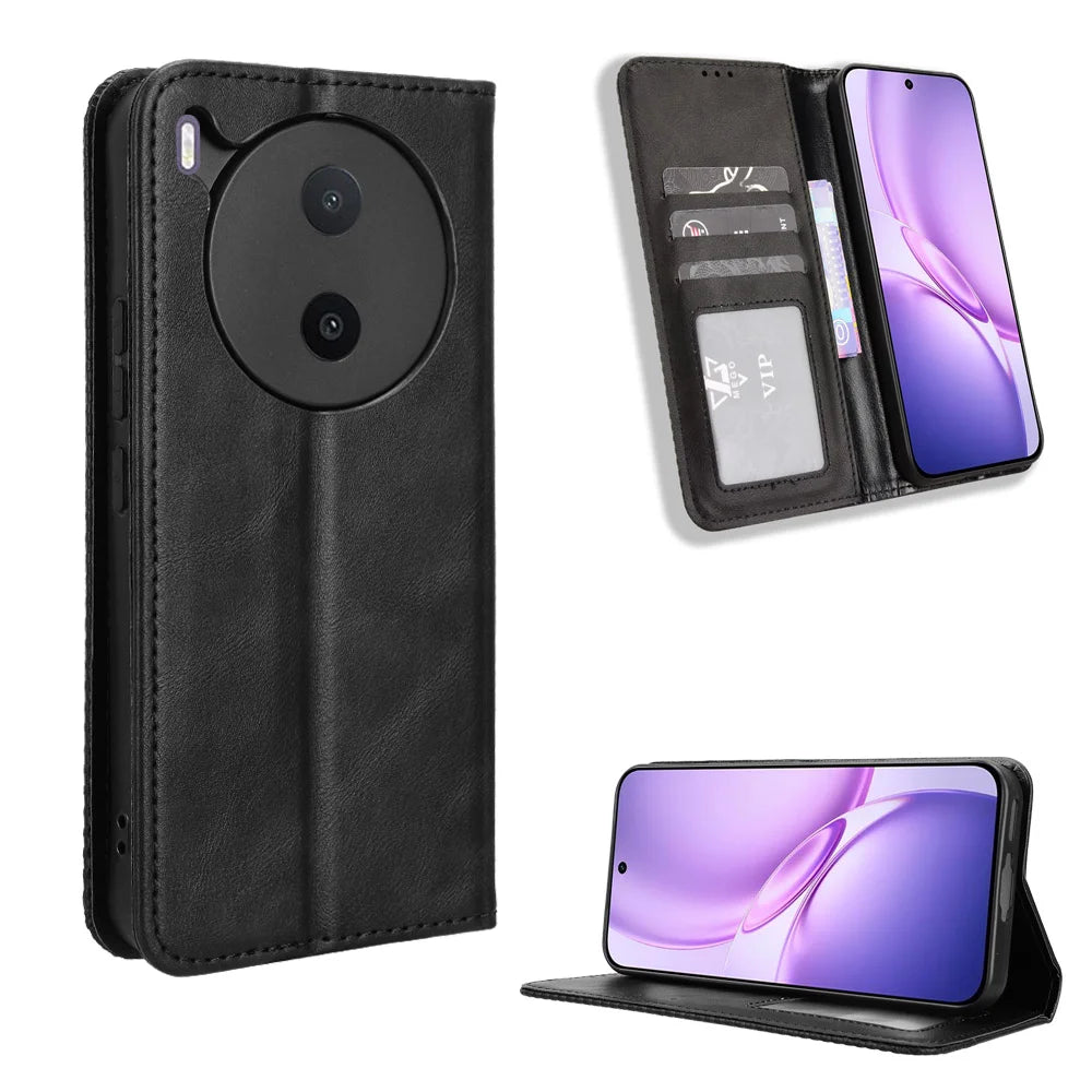 For vivo Y600 Pro 5G Leather Case Wallet Stand Retro Texture Phone Cover - Black - 1