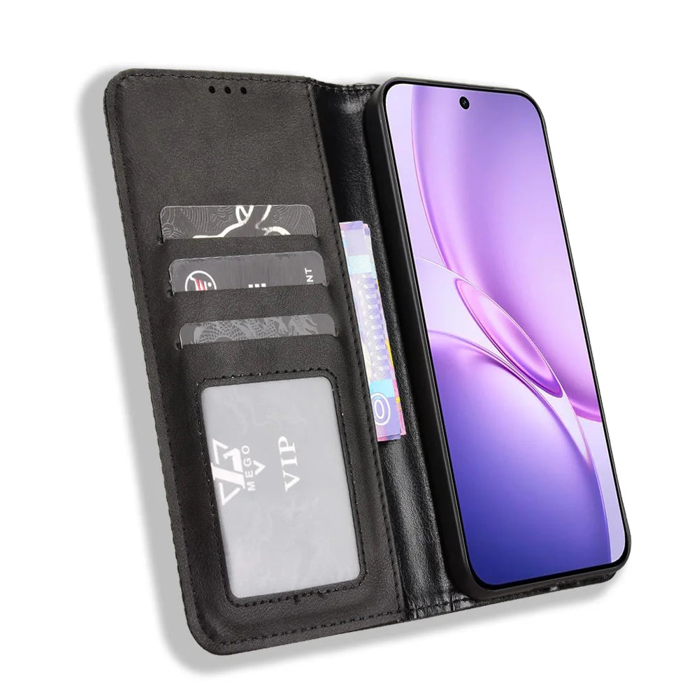 For vivo Y600 Pro 5G Leather Case Wallet Stand Retro Texture Phone Cover - Black - 6