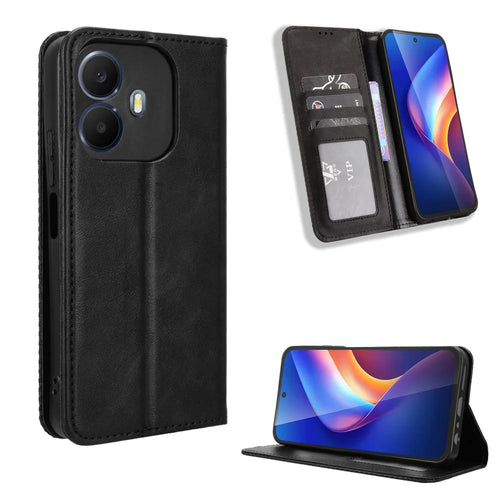 For TCL K70 4G / TCL K70 Power 4G Leather Case Wallet Stand Retro Texture Phone Cover - Black - 1