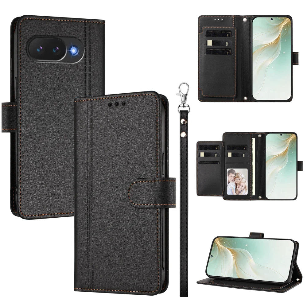 For Google Pixel 10a Case 9 Card Slots PU Leather Flip Wallet Phone Cover with Hand Strap - Black - 1